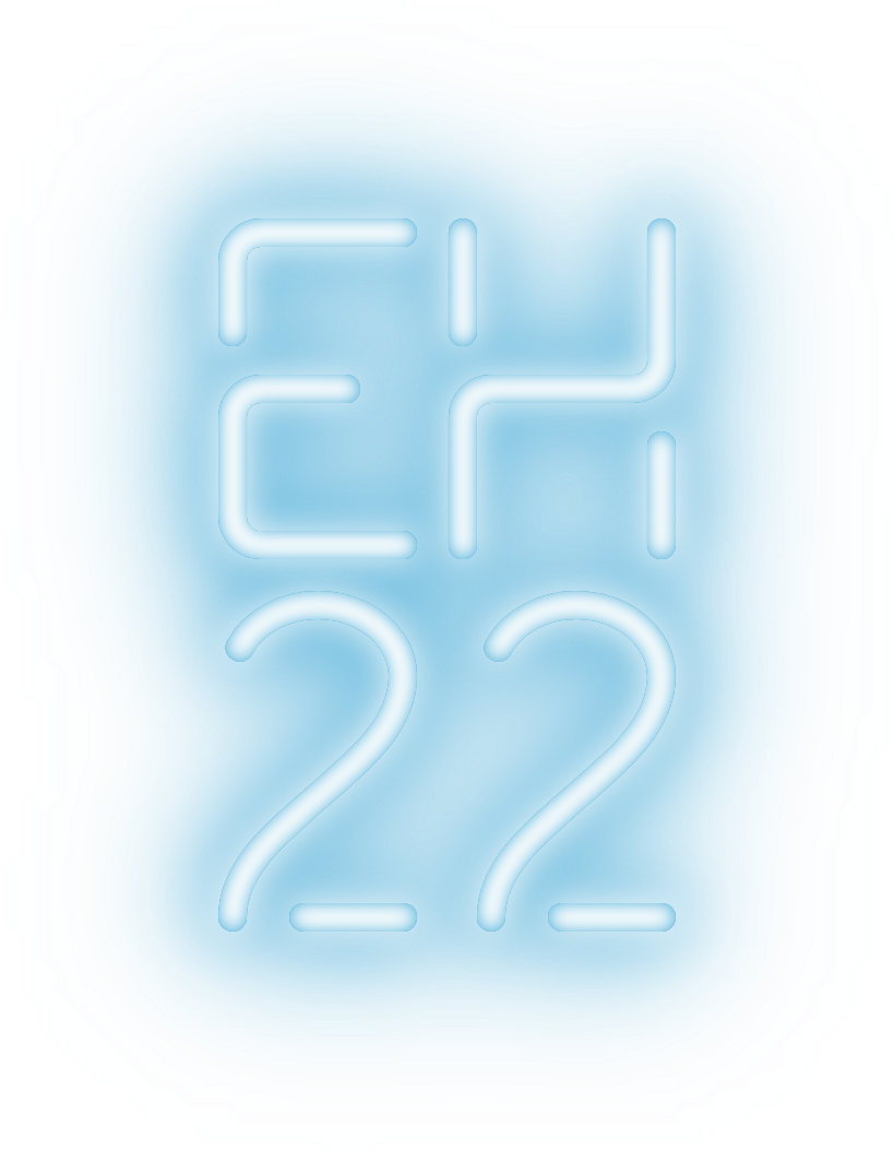 EH22 logo of Easterhegg 2025 in the style of a neon sign: It features the text 'EH22' spanning two lines. The '22' spans across the same width as 'EH' by spacing the two digits slighty further apart from one another than the two letters, giving it a rectangular appearance. The entire text features the blue neon effect from previous logos.