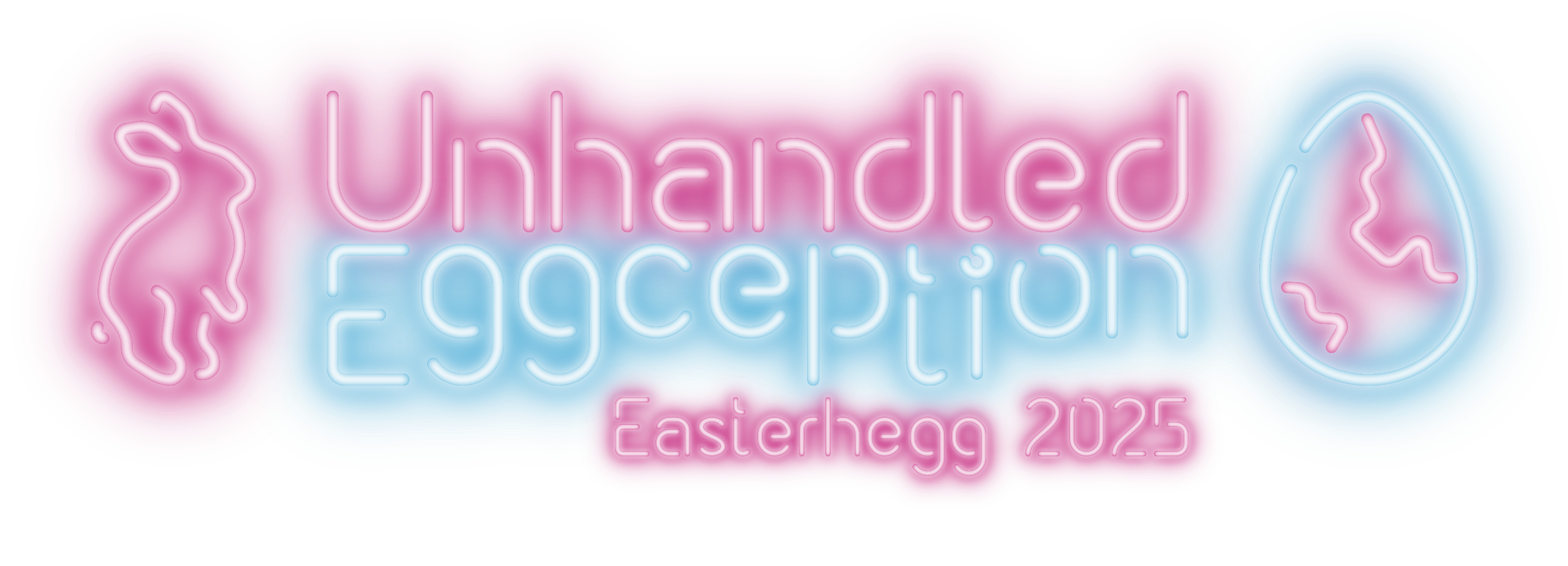 Full logo of Easterhegg 2025 in the style of a neon sign: The text 'Unhandled Eggception Easterhegg 2025' with a line art of a hare and an egg with cracks. The egg shell and the word 'Eggception' are glowing in a light blue, everything else in a bright pink.